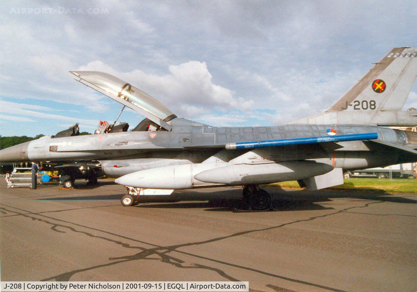 J-208, General Dynamics F-16BM Fighting Falcon C/N 6E-27, F-16BM Falcon, callsign Bonzo 1 of 312 Squadron Royal Netherlands Air Force on display at the 2001 Leuchars Airshow.