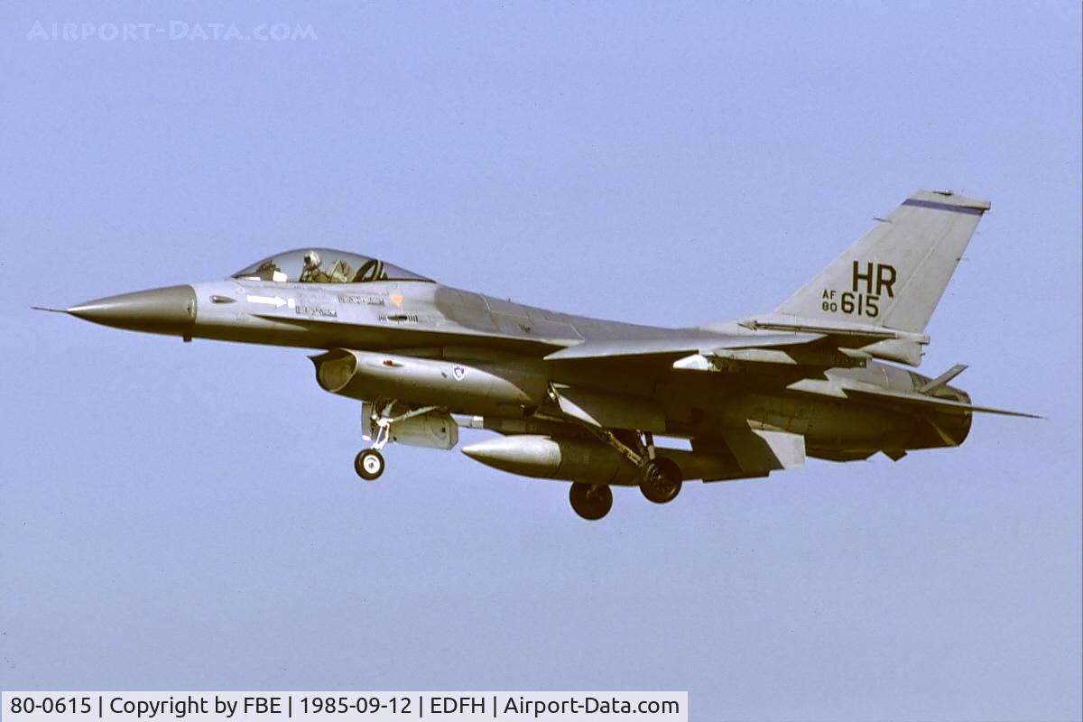 80-0615, General Dynamics F-16A/ADF Fighting Falcon C/N 61-336, short final at Hahn AB