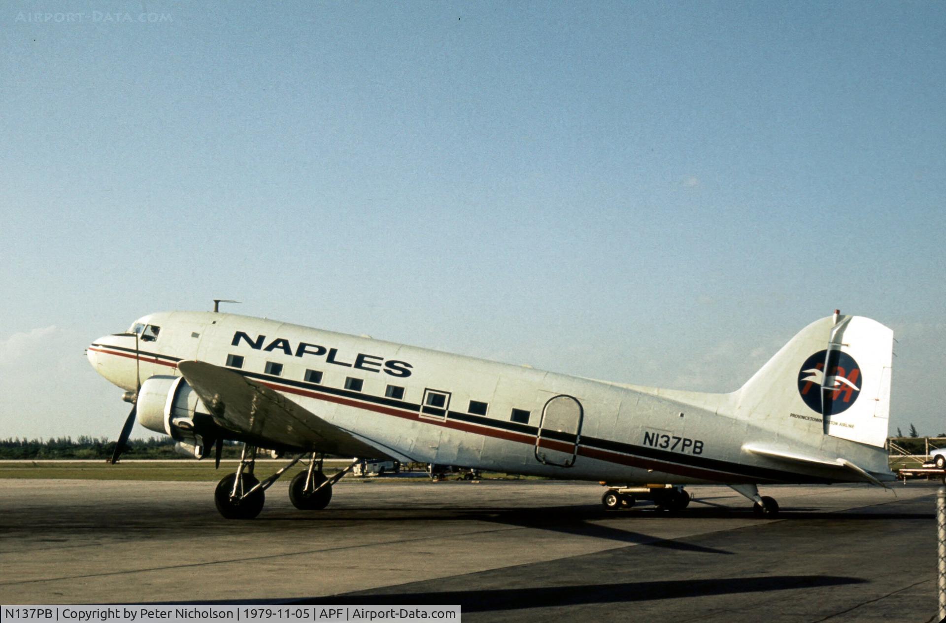 N137PB, 1941 Douglas DC-3A C/N 4128, DC-3A of Naples Airlines division of Provincetown-Boston Airlines as seen at Naples in November 1979.