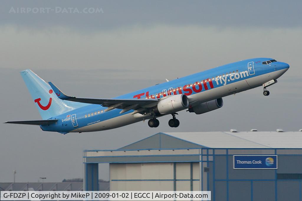 G-FDZP, 2007 Boeing 737-8K5 C/N 34692, Climbing away from Runway 05L.