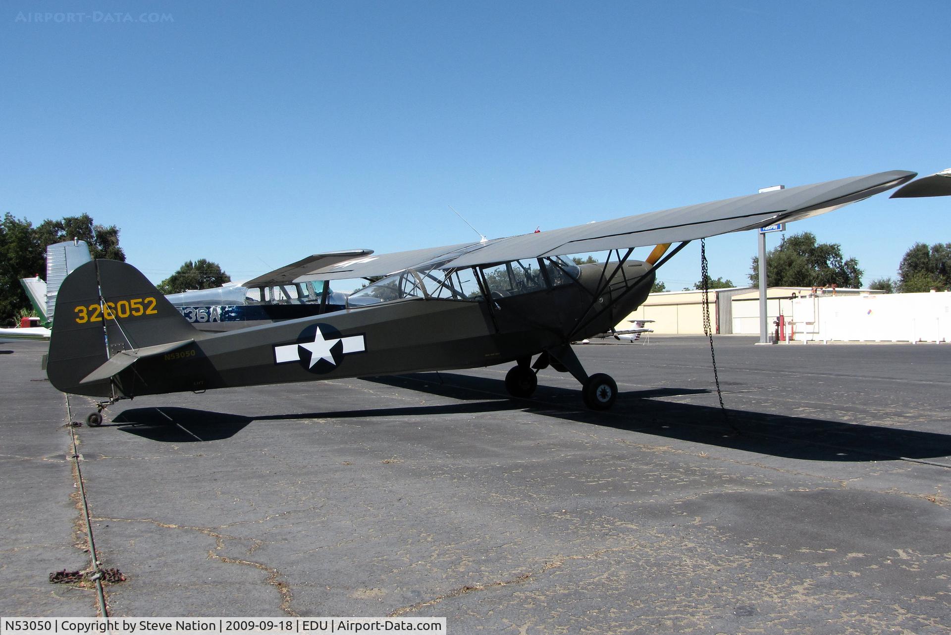 N53050, 1945 Taylorcraft L-2M C/N 6211, Beautiful 1945 Taylorcraft L-2M from Yuba City, CA masquerading as US Army 43-26052 at UC Davis (check out extended rear cockpit glass)
