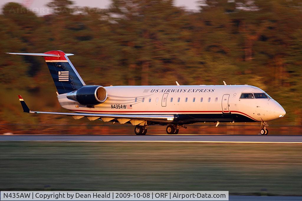 N435AW, 2002 Bombardier CRJ-200ER (CL-600-2B19) C/N 7724, US Airways Express (Air Wisconsin) N435AW (FLT AWI4071) on takeoff roll on RWY 23 enroute to Reagan National (KDCA) late in the day.