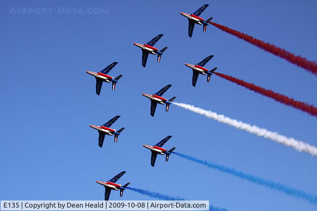 E135, Dassault-Dornier Alpha Jet E C/N E135, Patrouille de France, the French Air Force aerobatic team, performing a flyover of the Yorktown Victory Monument in Yorktown, VA to signify the age-old alliance between the United States and France that traces its roots to the Revolutionary War.