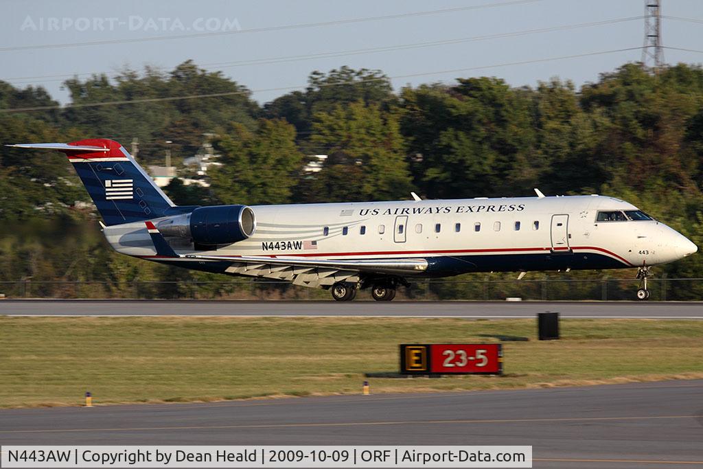 N443AW, 2003 Bombardier CRJ-200LR (CL-600-2B19) C/N 7781, US Airways Express (Air Wisconsin) N443AW (FLT AWI71A) arriving to RWY 23 from Reagan National (KDCA).
