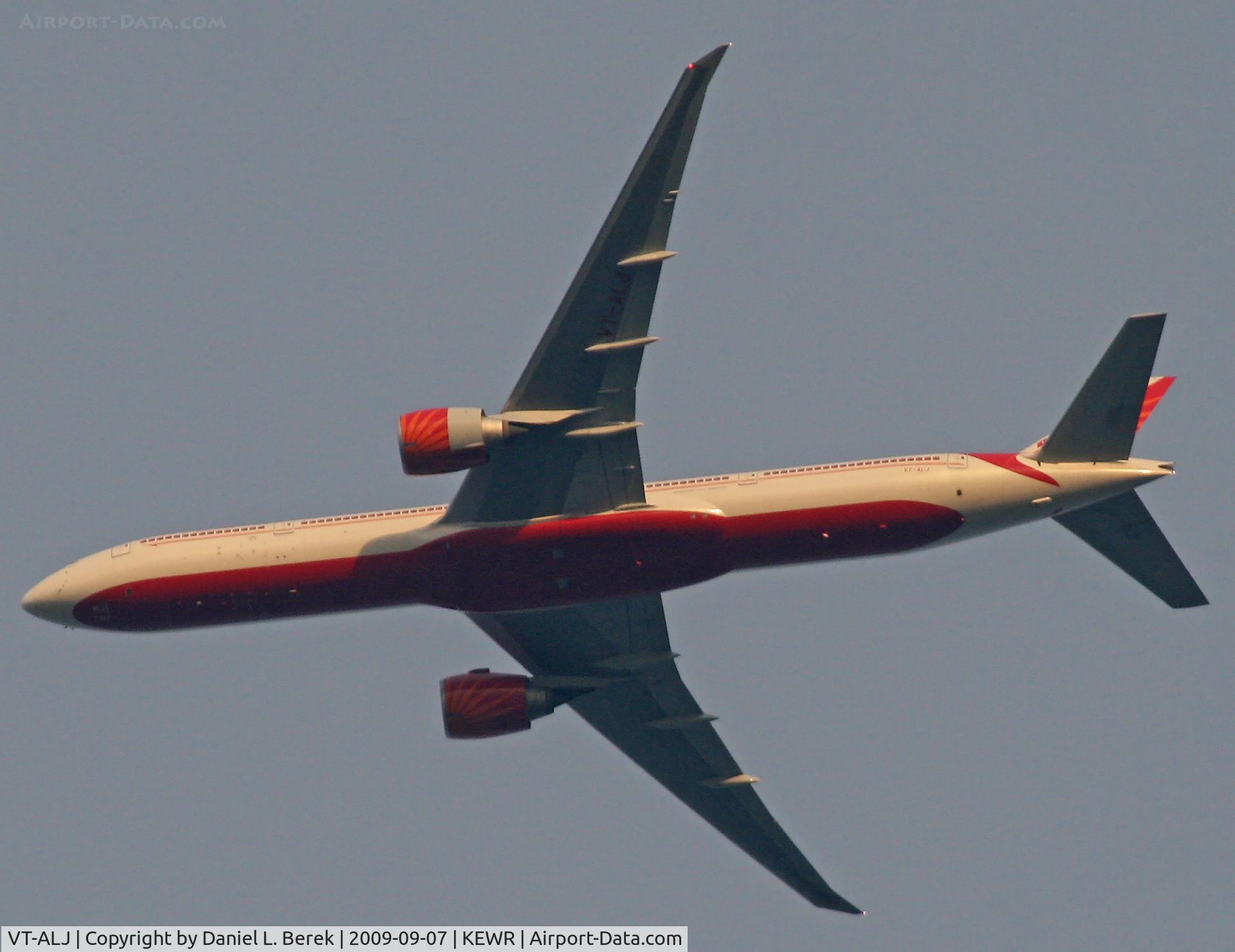 VT-ALJ, 2007 Boeing 777-337/ER C/N 36308, A brand-new AI extended-range Triple-7 climbs out of Newark, on its way to New Delhi and Mumbai, via London.