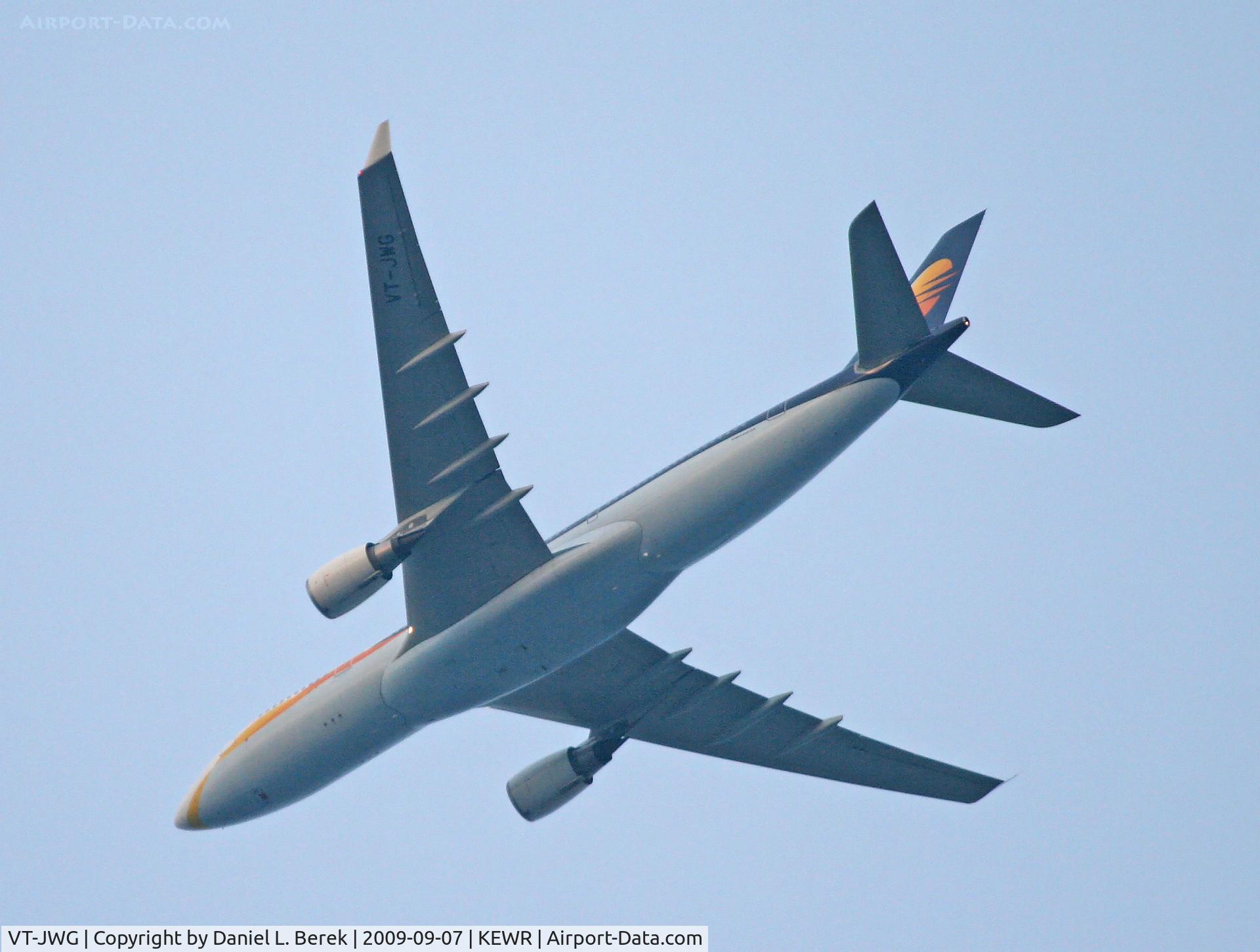 VT-JWG, 2007 Airbus A330-202 C/N 831, A colorful Indian Airbus climbs out of Newark, on its way to its home country via Brussels.