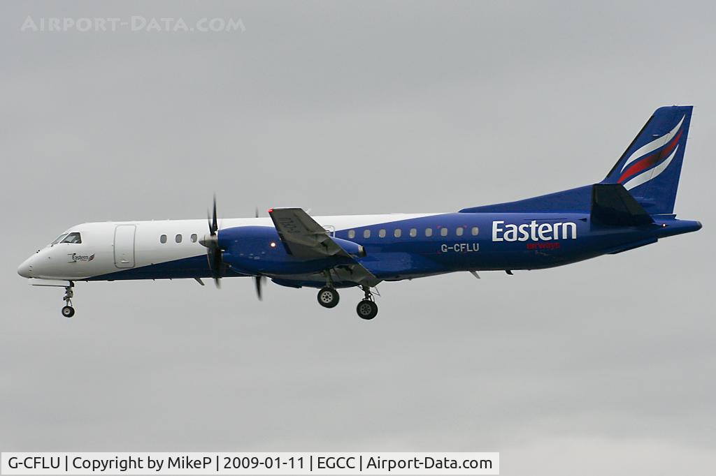 G-CFLU, 1998 Saab 2000 C/N 2000-055, Arriving in the gloom.