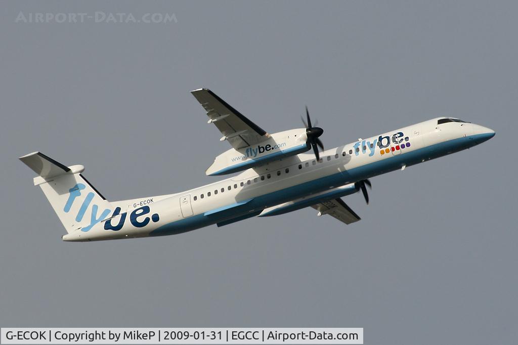G-ECOK, 2008 Bombardier DHC-8-402Q Dash 8 C/N 4230, Climbing away from Runway 05L.