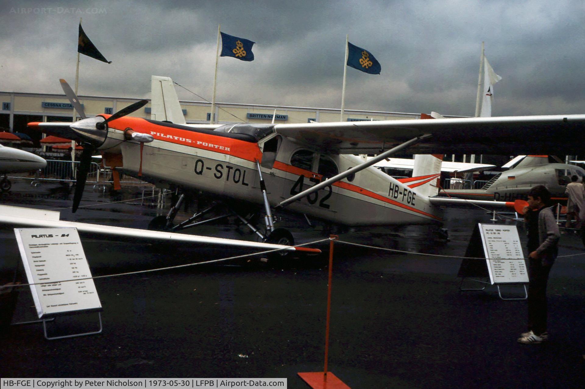 HB-FGE, 1972 Pilatus PC-6/B2-H2 C/N 715, Pilatus Turbo-Porter on display at the 1973 Paris Airshow.