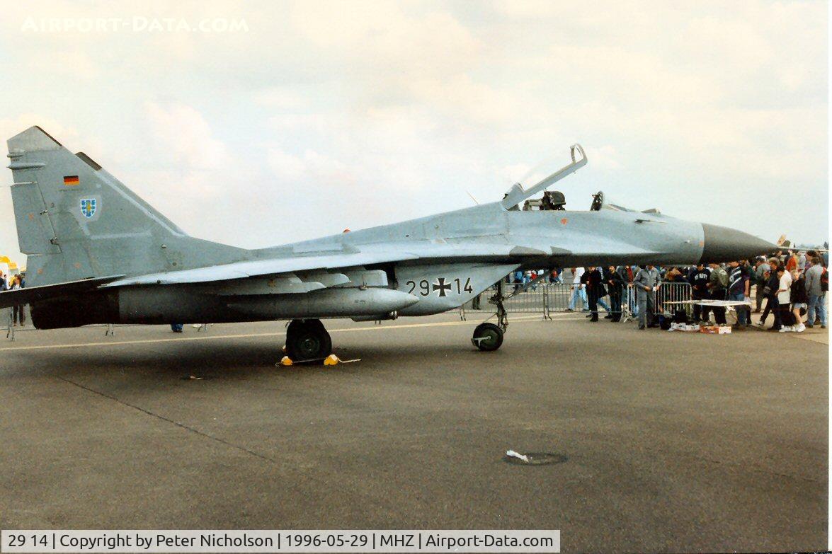 29 14, Mikoyan-Gurevich MiG-29A C/N 2960525800, MiG-29A Fulcrum of JG-73 on display at the 1996 Mildenhall Air Fete.