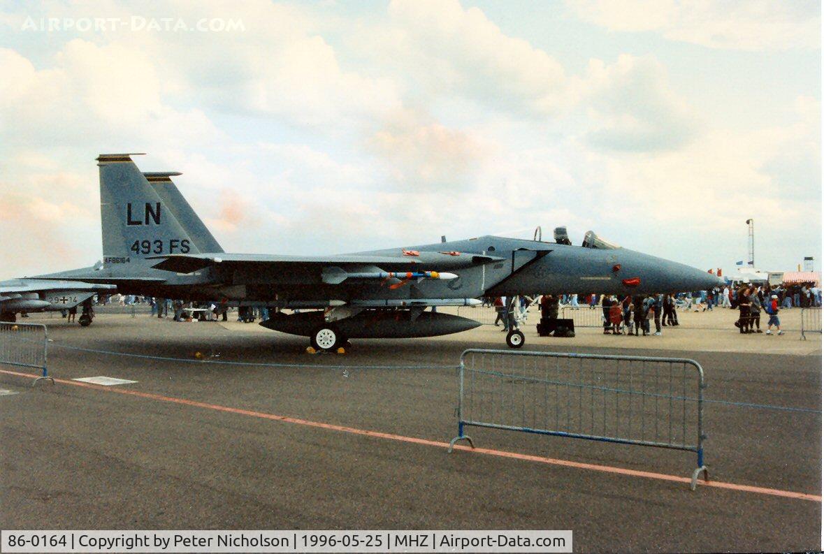 86-0164, 1986 McDonnell Douglas F-15C Eagle C/N 1011/C392, F-15C Eagle of 493rd Fighter Squadron/48th Fighter Wing, with special markings for the Squadron Commander, on display at the 1996 Mildenhall Air Fete.