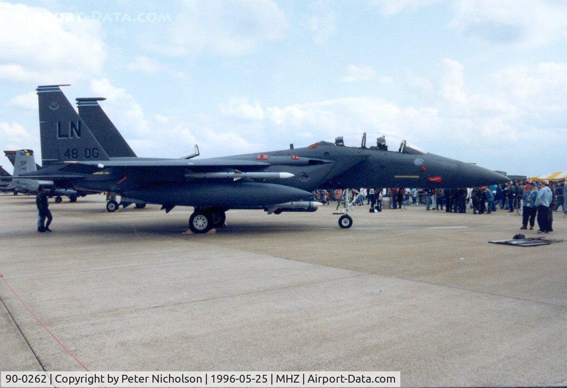 90-0262, 1990 McDonnell Douglas F-15E Strike Eagle C/N 1204/E164, F-15E Eagle of 492nd Fighter Squadron/48th Fighter Wing, with special markings for the Operations Group Commander, on display at the 1996 Mildenhall Air Fete.
