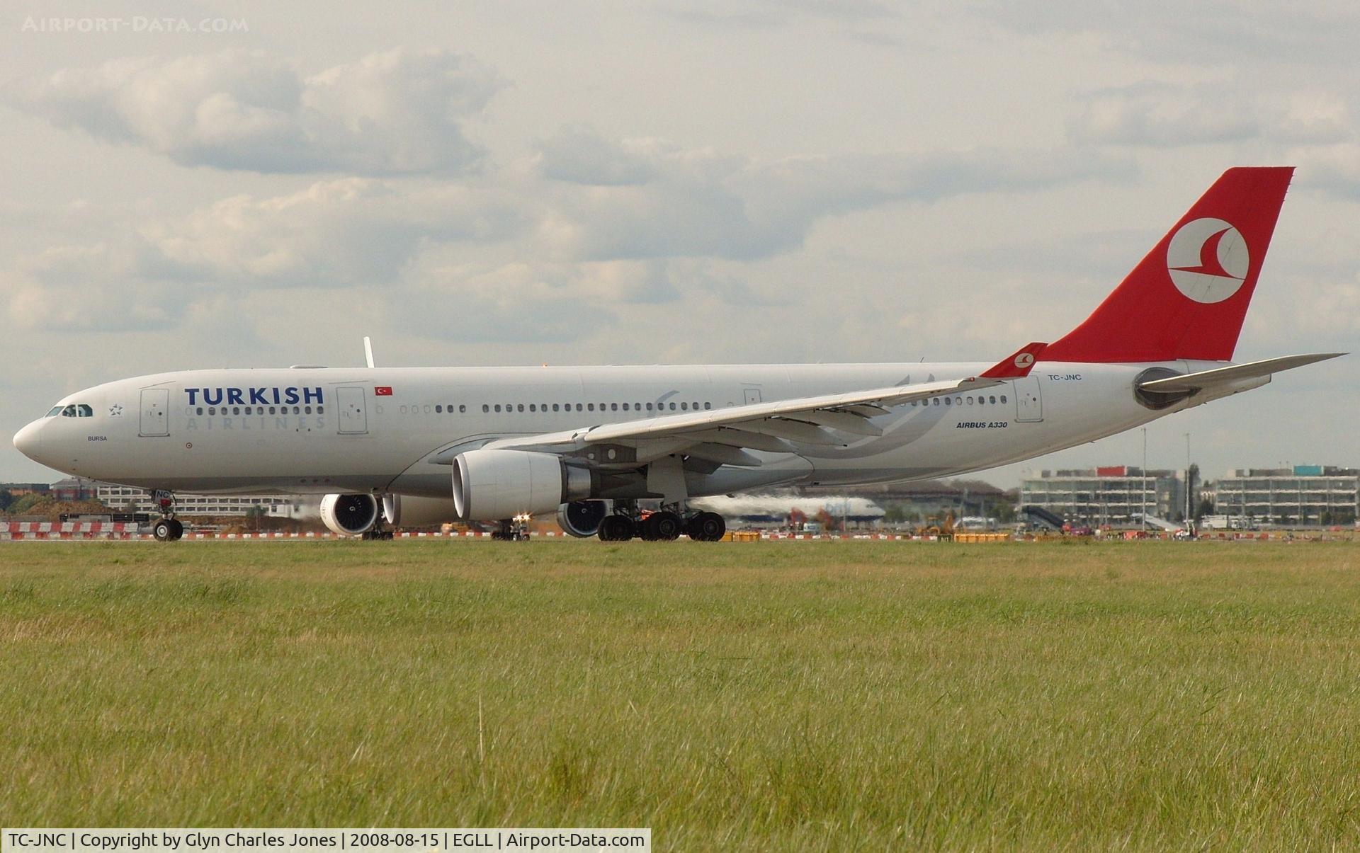 TC-JNC, 2006 Airbus A330-203 C/N 742, 'Bursa' lining up for take off on runway 27L. Test registration was F-WWYF. Operated by Turkish Airlines.