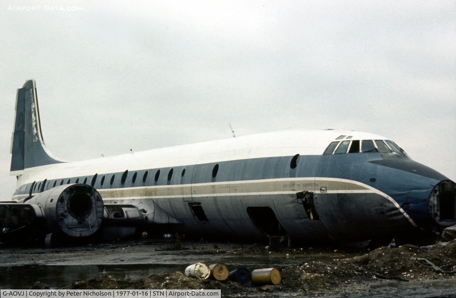 G-AOVJ, Bristol 175 Britannia 312 C/N 13418, Britannia 312 of Caledonian Airways spent its final days in the CAA Fire Training Compound at Stansted and was seen there in January 1977. Its last flight was to Stansted on November 17, 1970.