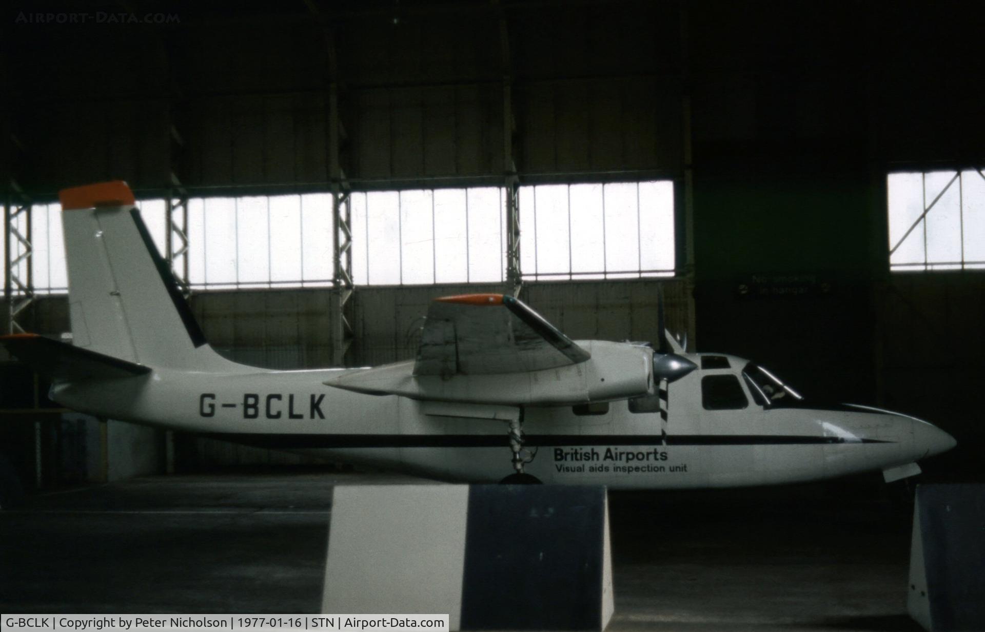 G-BCLK, 1974 Rockwell 500S Shrike Commander C/N 3180, British Airports Authority's Shrike Commander hangered at Stansted in January 1977.