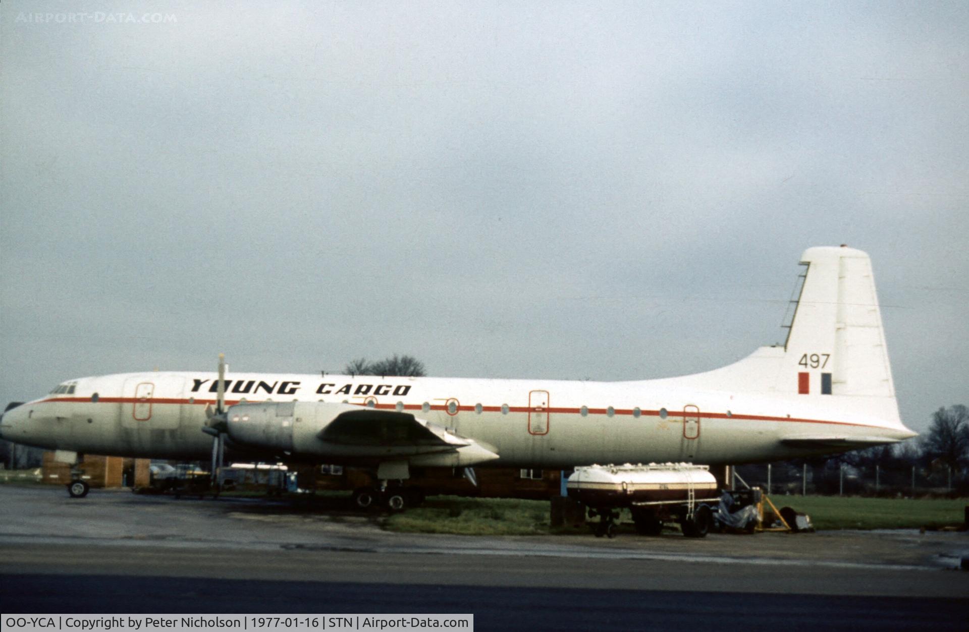 OO-YCA, 1959 Bristol Britannia C.1 (175 Britannia 253F) C/N 13397, Ex-RAF Britannia C.1 XM 497 transferred to Young Air Cargo's ownership and seen at Stansted in January 1977.