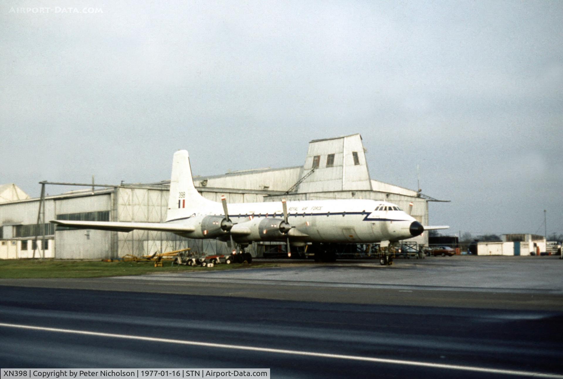 XN398, 1959 Bristol Britannia C.2 (175 Britannia 252F) C/N 13451, Britannia C.2 seen at Stansted in January 1977 became 9Q-CPX in Zaire.
