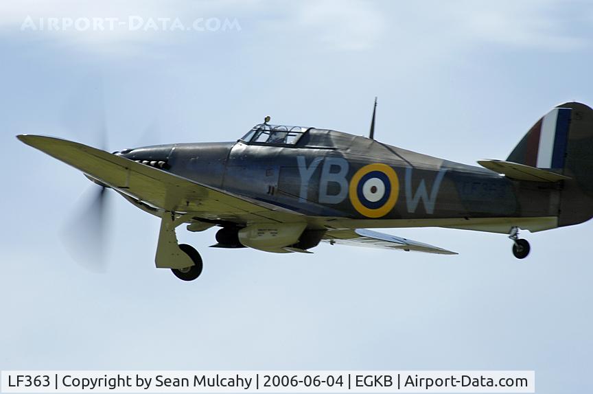 LF363, 1944 Hawker Hurricane IIC C/N 41H/469290, Hawker Hurricane MkIIc LF363 of the RAF's Battle of Britain Memorial Flight, seen here at take off during the Biggin Hill International Air Fair, 4th of June, 2006, Biggin Hill Airport, Kent, U.K.