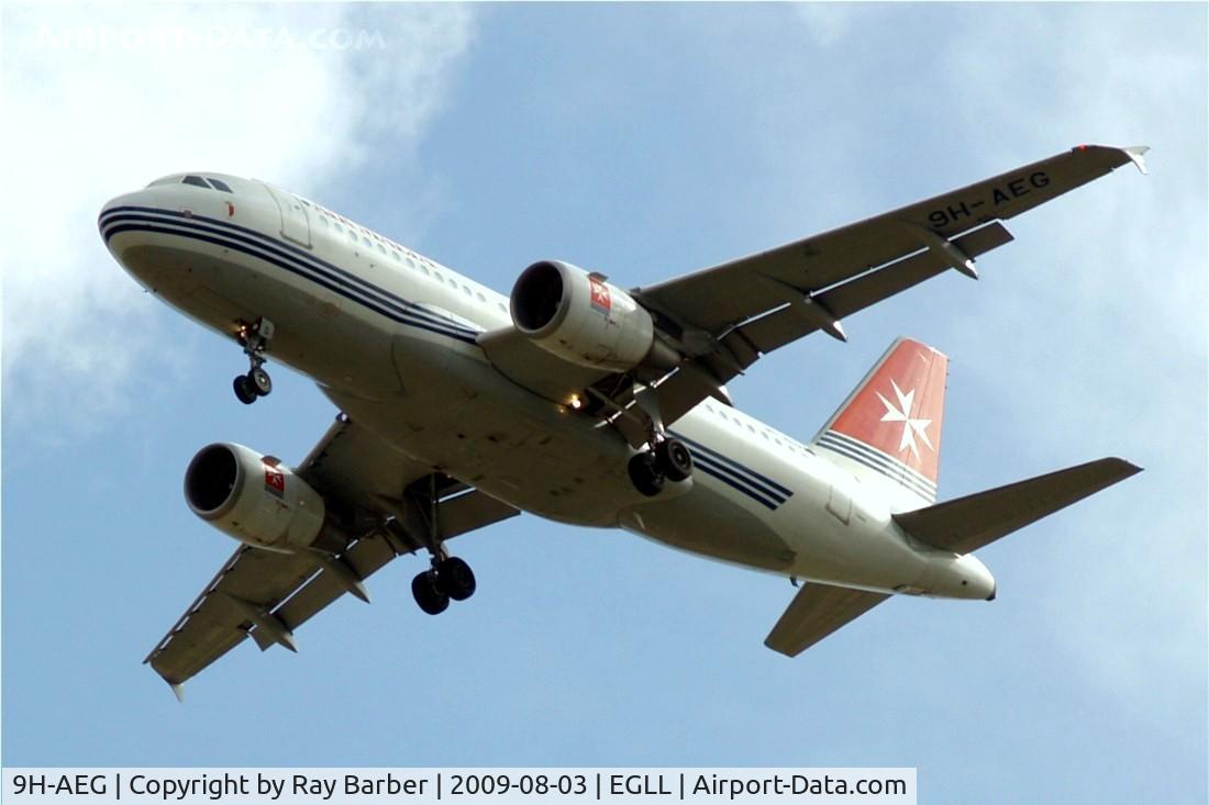 9H-AEG, 2003 Airbus A319-112 C/N 2113, On approach 27R Heathrow.