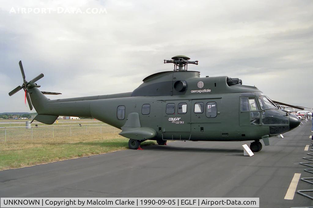 UNKNOWN, Helicopters Various C/N unknown, A rotorless AS532UL Cougar at the Farnborough Air Show in 1990. Almost certainly a mock-up with no identifying registration.