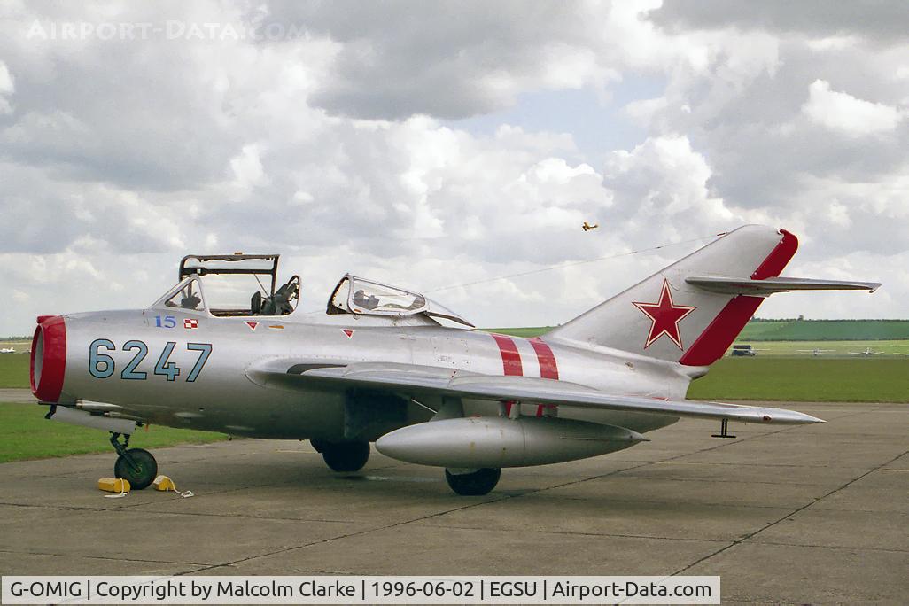 G-OMIG, 1956 PZL-Mielec SBLim-2 (MiG-15UTI) C/N 622047, PZL-Mielec SBLim-2A (MiG-15UTI) in Russian AF colour scheme at Duxford's Classic Jet & Fighter Display in 1996.