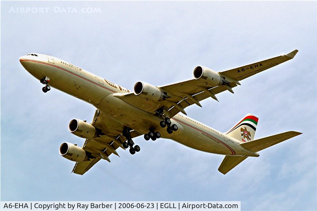 A6-EHA, 2006 Airbus A340-541 C/N 748, Airbus A340-541 [748] (Etihad Airways) Home~G  23/06/2006. On approach 27R Heathrow.