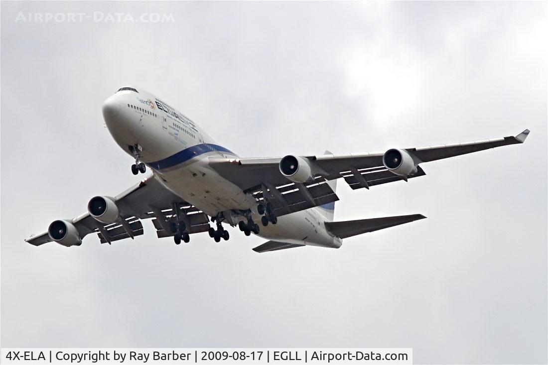 4X-ELA, 1994 Boeing 747-458 C/N 26055, Boeing 747-458 [26055] (El Al-Israel Airlines)  Home~G 17/08/2009. On approach 27R Heathrow. Wearing Anniversary titles.