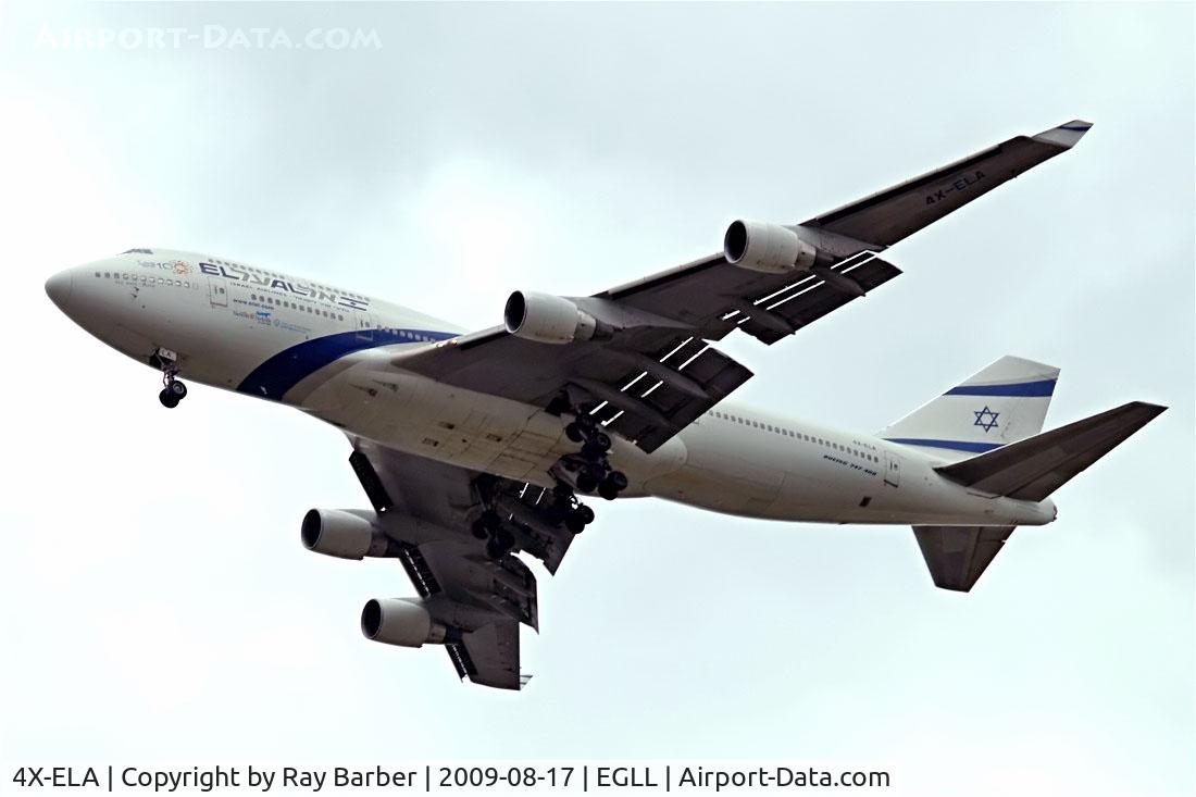 4X-ELA, 1994 Boeing 747-458 C/N 26055, Boeing 747-458 [26055] (El Al-Israel Airlines)  Home~G 17/08/2009. On approach 27R Heathrow. Wearing Anniversary titles.