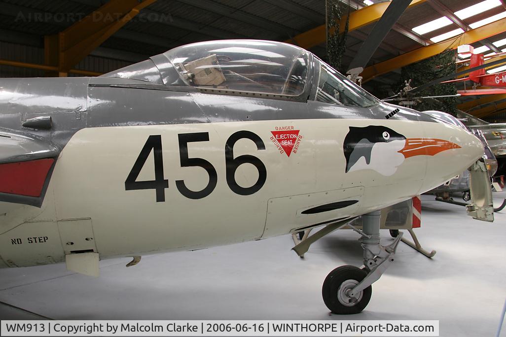 WM913, Hawker Sea Hawk FB.3 C/N 5965, Hawker Sea Hawk FB3 built by Armstrong Whitworth, 913 was finally retired from the School of Aircraft handling, RNAS Culdrose, and latterly served as gate guardian at RNAS Sealand. Now carries the nose markings 897 Sqn. At the Newark Air Mueum, 2006