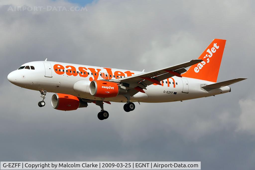 G-EZFF, 2009 Airbus A319-111 C/N 3844, Airbus A319-111 on approach to rwy 25 at Newcastle, UK in 2009. 'FF' was delivered to Stansted 5 days previously, and entered service the same day with a trip to Newcastle
