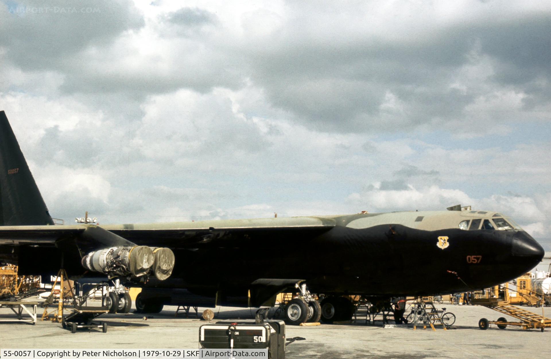55-0057, 1955 Boeing B-52D-10-BW Stratofortress C/N 464009, B-52D Stratofortress of the 7th Bombardment Wing undergoing maintenance at Kelly AFB in October 1979.