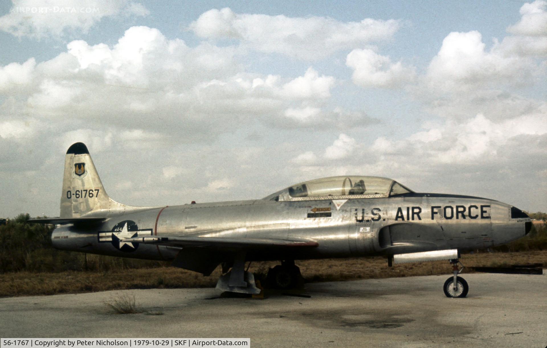 56-1767, 1956 Lockheed T-33A Shooting Star C/N 580-1117, T-33A Shooting Star of the San Antonio Air Logistics Centre seen at Kelly AFB in October 1979.
