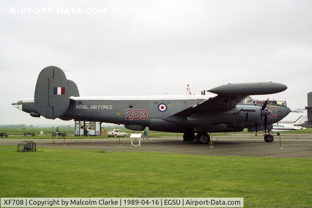 XF708, Avro 716 Shackleton MR.3/3 C/N Not found XF708, Avro Shackleton MR3/3. Delivered to 201 Sqn on March 1 1959, 708 latterly served with 203 sqn up to June 1972. Intended as a flying exhibit, she was flown to the Imperial War museum at Duxford on August 23 1972, but was grounded on arrival and is now pres