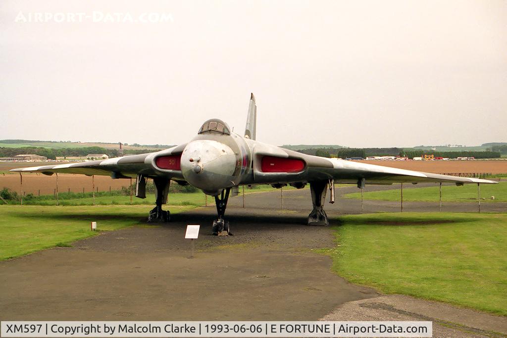 XM597, 1963 Avro Vulcan B.2 C/N Set 61, Avro Vulcan B.2, National Museum of Flight, East Fortune, UK, 1993. This aircraft lost its refuelling nozzle during a refuel with a Victor tanker after participation in the Falklands conflict. It was forced to divert to Galeao Air Force Base in Brazil.