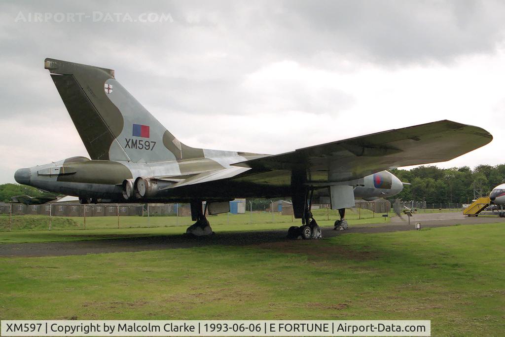 XM597, 1963 Avro Vulcan B.2 C/N Set 61, Avro Vulcan B.2, National Museum of Flight, East Fortune, UK, 1993. This aircraft lost its refuelling nozzle during a refuel with a Victor tanker after participation in the Falklands conflict. It was forced to divert to Galeao Air Force Base in Brazil.