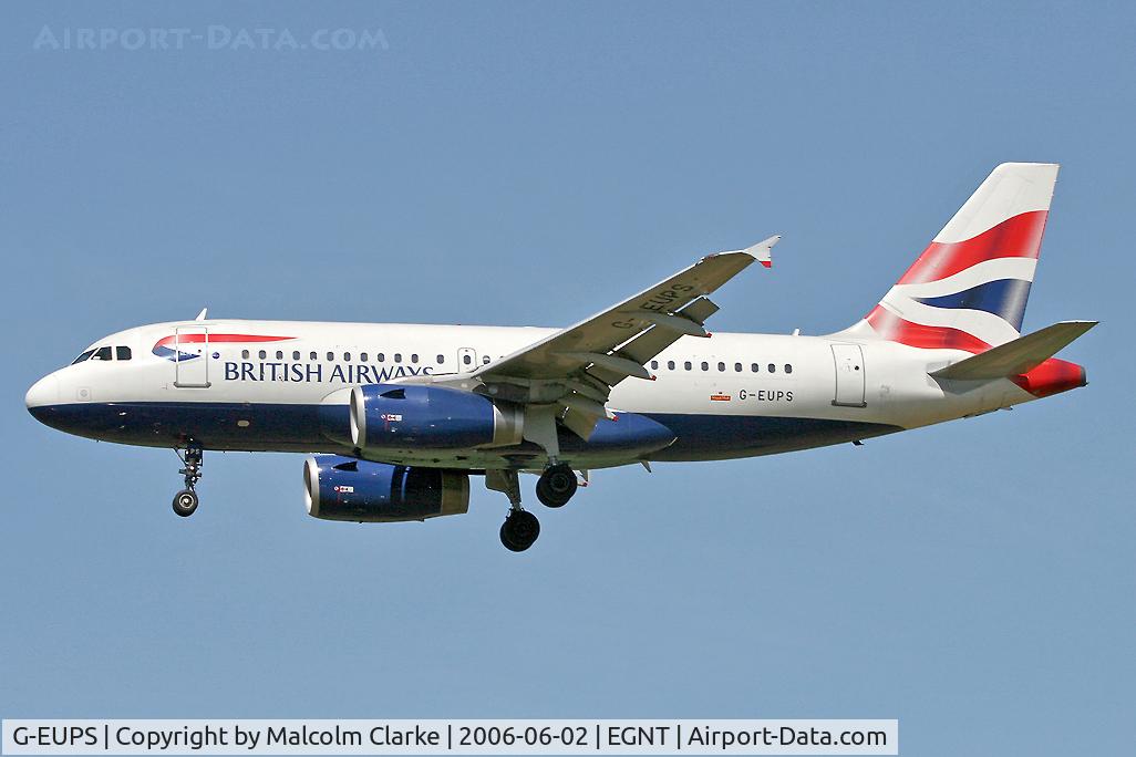 G-EUPS, 2000 Airbus A319-131 C/N 1338, Airbus A319-131 on approach to Rwy 25 at Newcastle Airport.