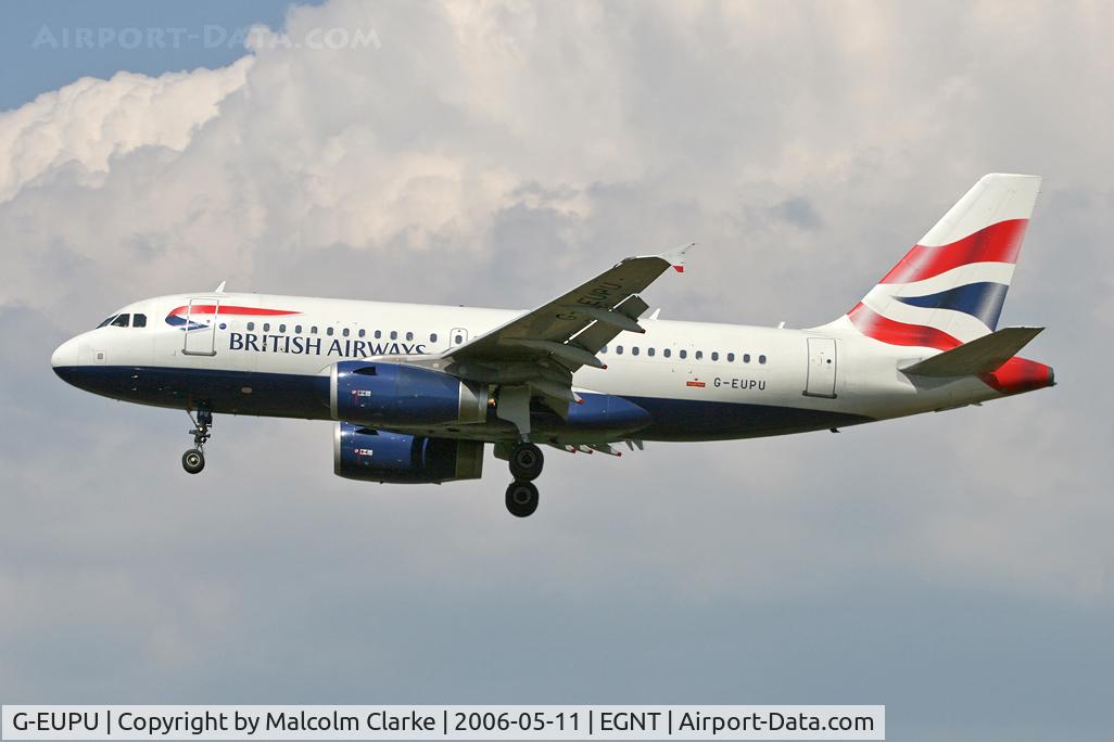 G-EUPU, 2000 Airbus A319-131 C/N 1384, Airbus A319-131. On approach to Rwy 25 at Newcastle Airport.