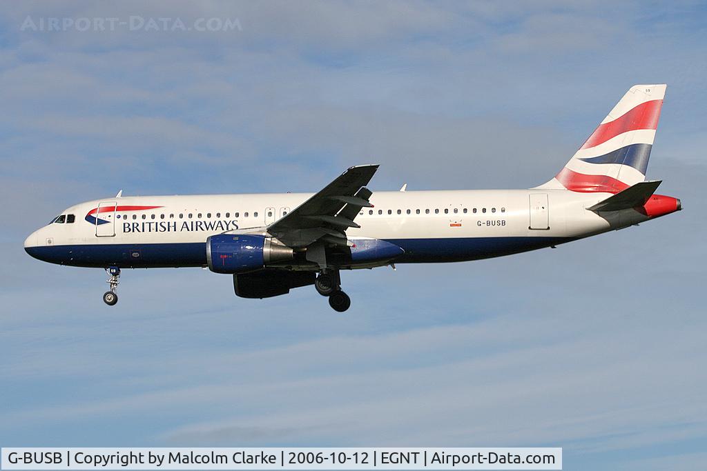 G-BUSB, 1987 Airbus A320-111 C/N 006, Airbus A320-111 on approach to Rwy 25 at Newcastle Airport.