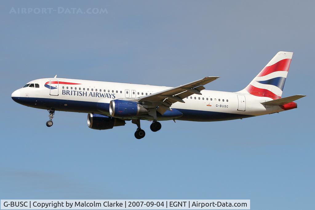 G-BUSC, 1987 Airbus A320-111 C/N 008, Airbus A320-111 on approach to Rwy 25 at Newcastle Airport.