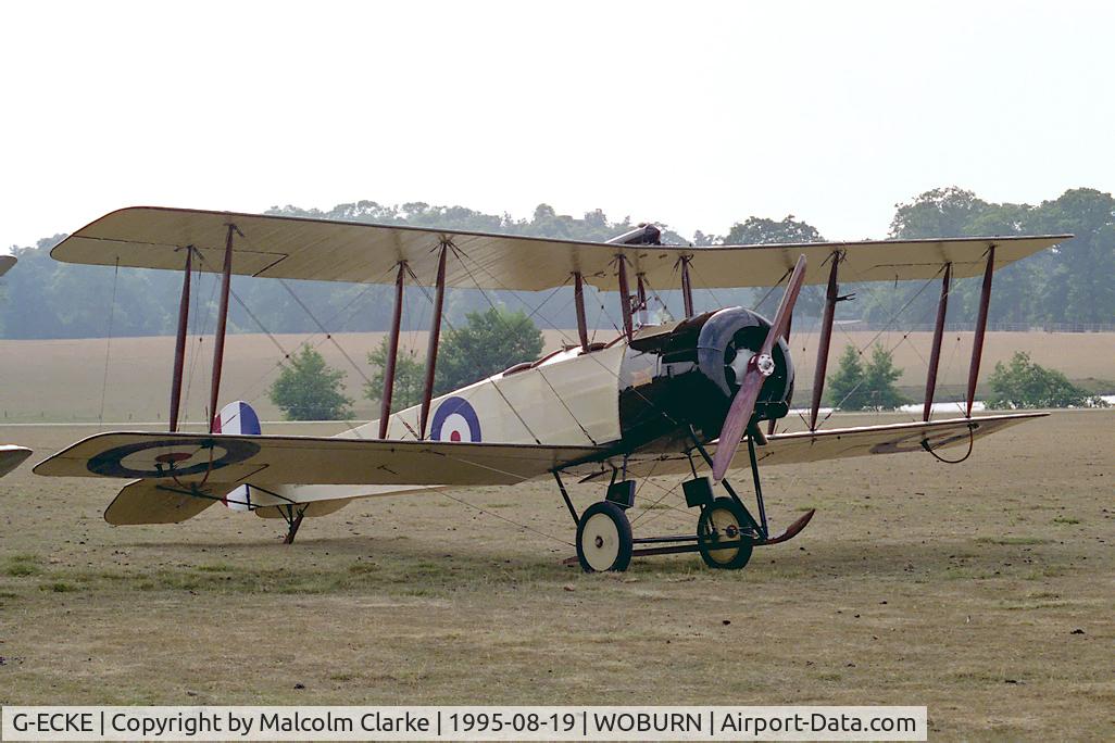 G-ECKE, 1994 Avro 504K Replica C/N 0014, Avro 504K Replica D8781 in a Royal Flying Corps colour scheme. At the De Havilland Tiger Moth Rally held in the grounds of Woburn Abbey, Beds, UK in 1995.