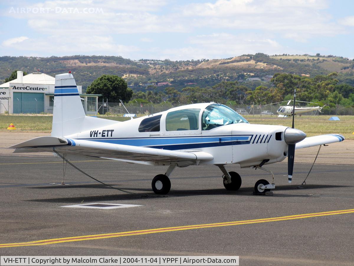 VH-ETT, 1973 American Aviation AA-5 Traveler C/N AA5-0282, American Aircraft Corp AA-5 at Parafield, South Australia in November 2004. The only airfield I am aware of that has it's name spelled out by carefully planted gum trees along the airfield perimeter.