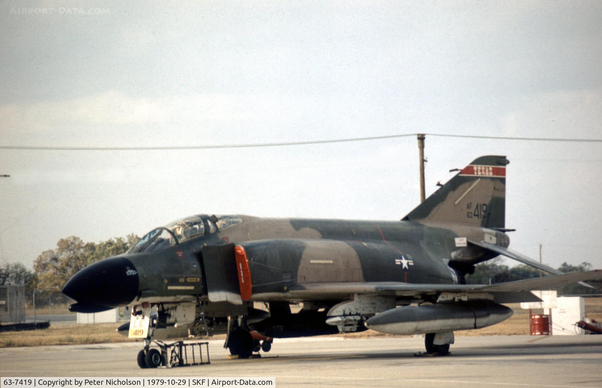 63-7419, 1963 McDonnell F-4C Phantom II C/N 355, F-4C Phantom of 182nd Tactical Fighter Squadron/149th Tactical Fighter Group seen at Kelly AFB in October 1979.