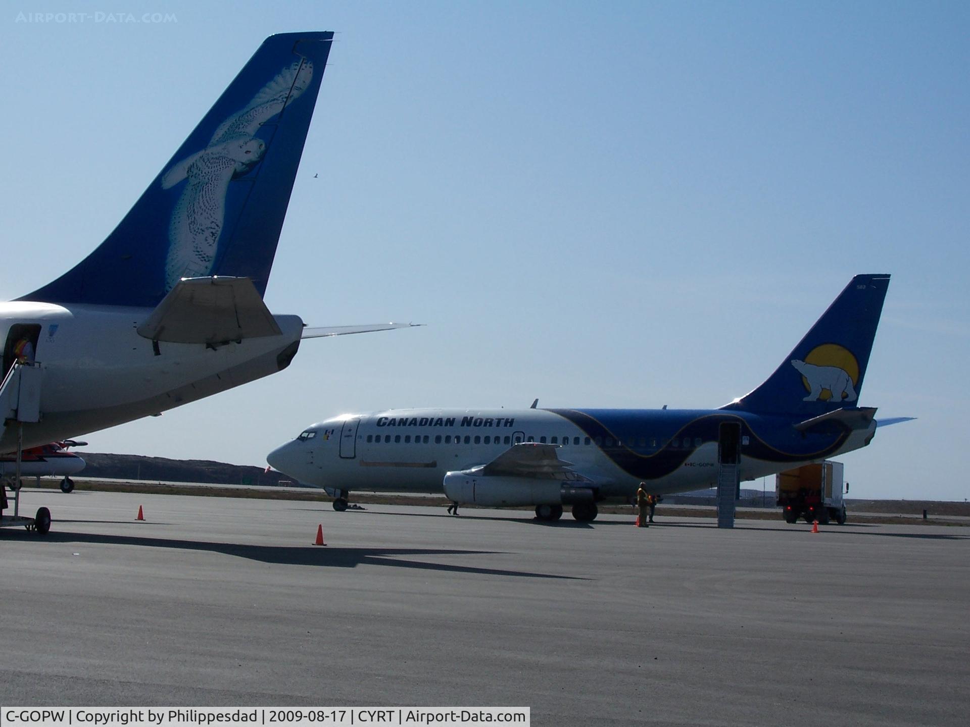 C-GOPW, 1980 Boeing 737-275C C/N 22160, C-GOPW at Rankin Inlet, NU 2009aug17 with C-FNVT's tail in foreground