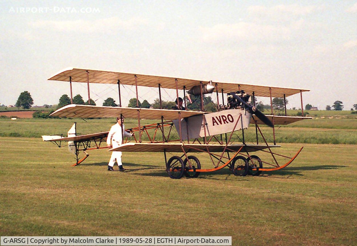G-ARSG, 1964 Avro Roe Triplane Type IV replica C/N TRI.1, Avro Triplane IV (replica). During De Havilland Day at The Shuttleworth Trust, Old Warden  in 1989.