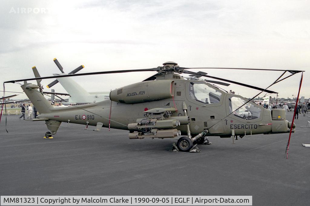 MM81323, Agusta A-129A Mangusta C/N 29011, Agusta A-129 Mangusta. A two crewman light attack helicopter. At SBAC Farnborough 90.