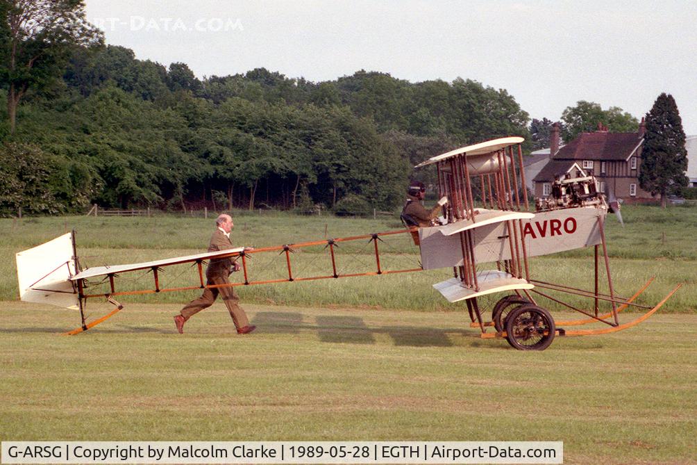 G-ARSG, 1964 Avro Roe Triplane Type IV replica C/N TRI.1, Avro Triplane IV (replica). During De Havilland Day at The Shuttleworth Trust, Old Warden, in 1989.