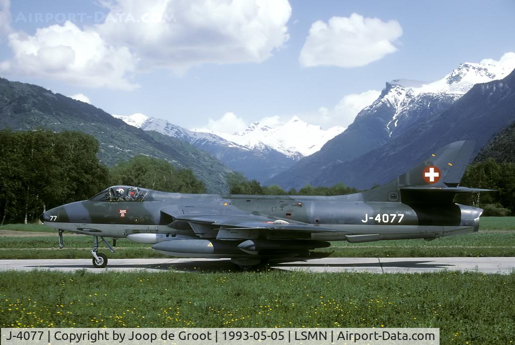 J-4077, 1955 Hawker Hunter F.58 C/N 41H-697444, Photo taken during Wiederholungskurs 1993. This is one of the last Hunters to operate from this air base. A week later Raron was closed as a military airfield.