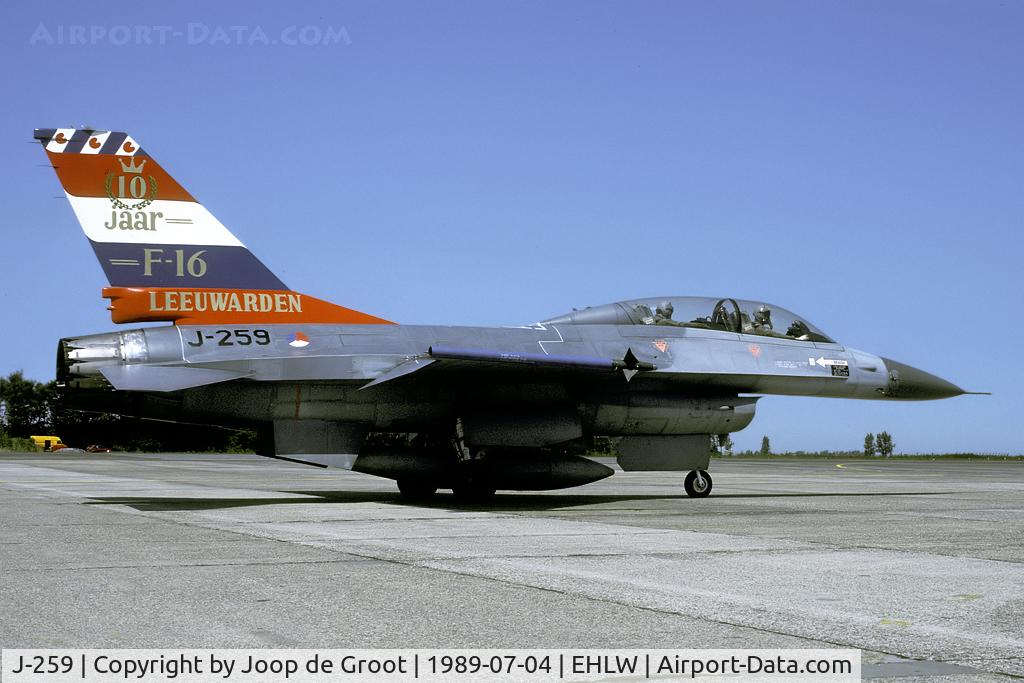 J-259, 1979 General Dynamics F-16B Fighting Falcon C/N 6E-1, In 1979 J-259 was the very first F-16 to be delivered to the Dutch Air Force. Ten years later it received this anniversary painting to mark the event.