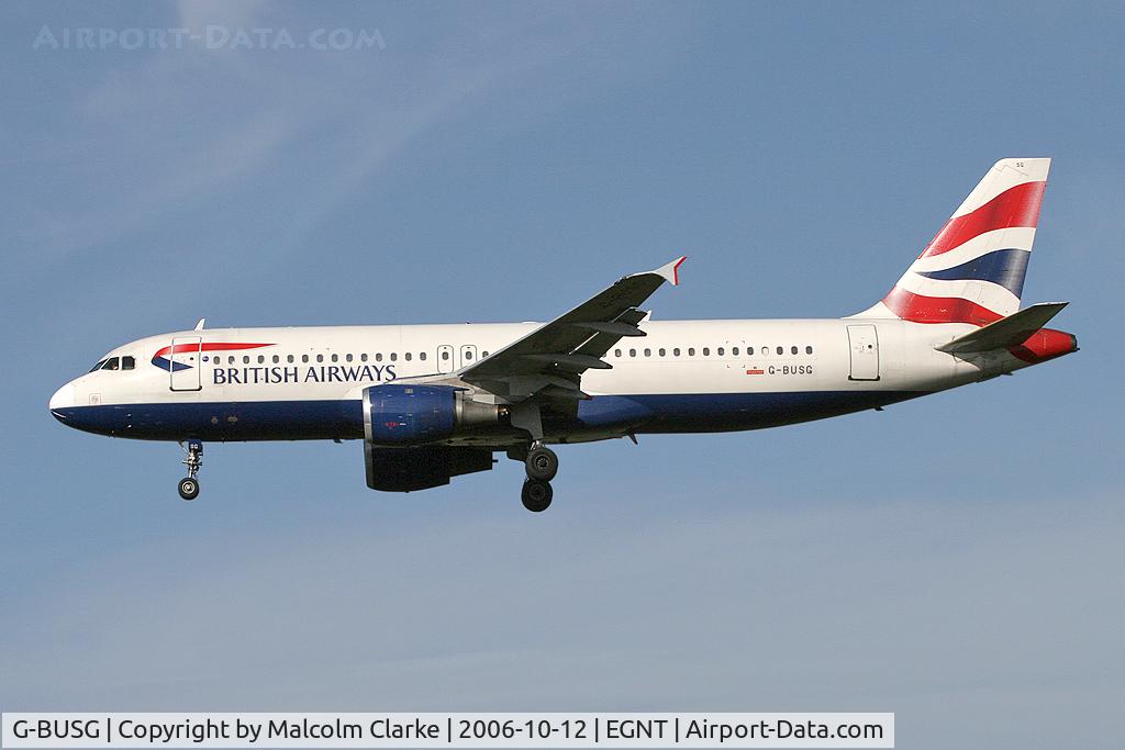 G-BUSG, 1989 Airbus A320-211 C/N 039, Airbus A320-211. On approach to Rwy 25 at Newcastle Airport.