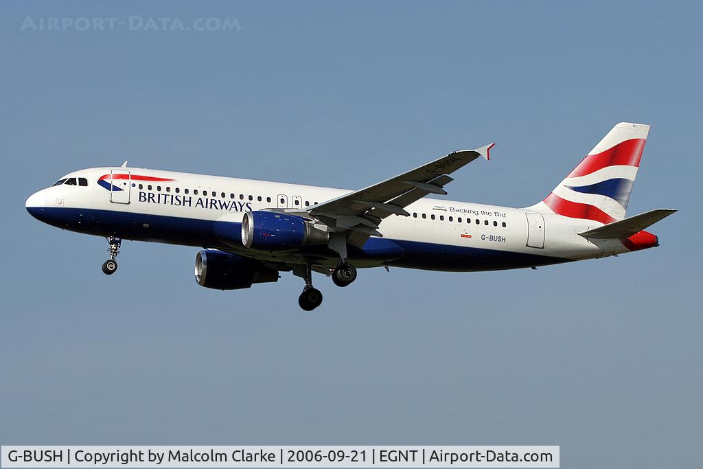 G-BUSH, 1989 Airbus A320-211 C/N 042, Airbus A320-211. On approach to Rwy 25 at Newcastle Airport.